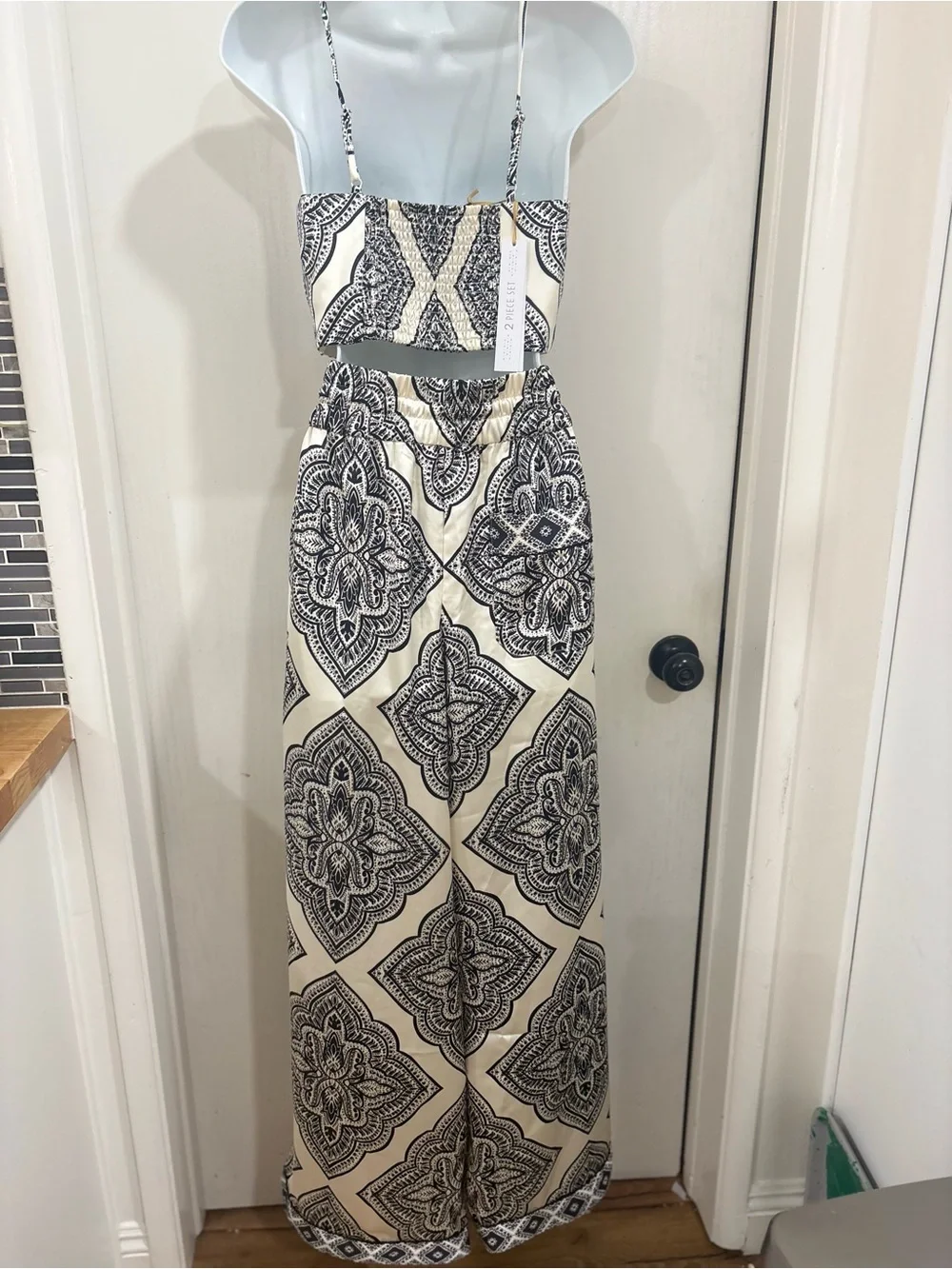 Women's 2pc matching shirt Black & Cream Printed Wide-Leg pant bohemian beach